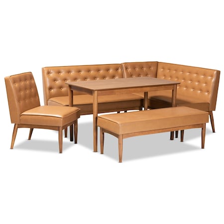 Baxton Studio Riordan Mid-Century Modern Tan Faux Leather and Walnut Brown Finished Wood 5-Piece Dining Nook Set 186-11361-11362-10839-9305-Zoro